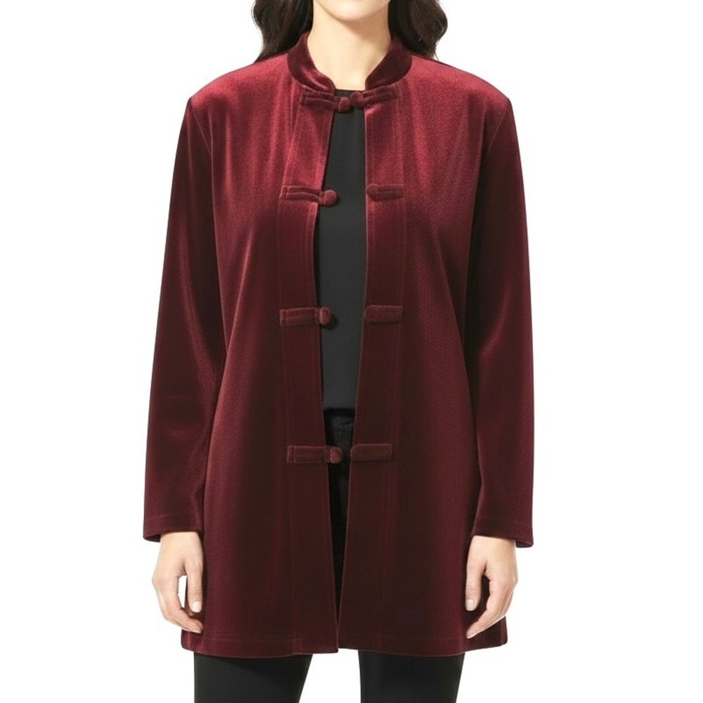 Coldwater Creek Burgundy Velvet Long Blazer Mandarin Collar Frog Closure XL
